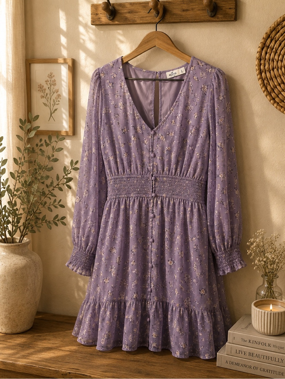Hollister Lavender Floral V-Neck Smocked Waist Dress| L